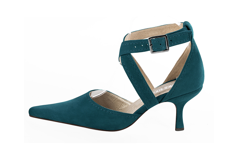 Women's peacock blue open side dress shoes, with crossed straps. Pointed toe. High spool heels - Profile view